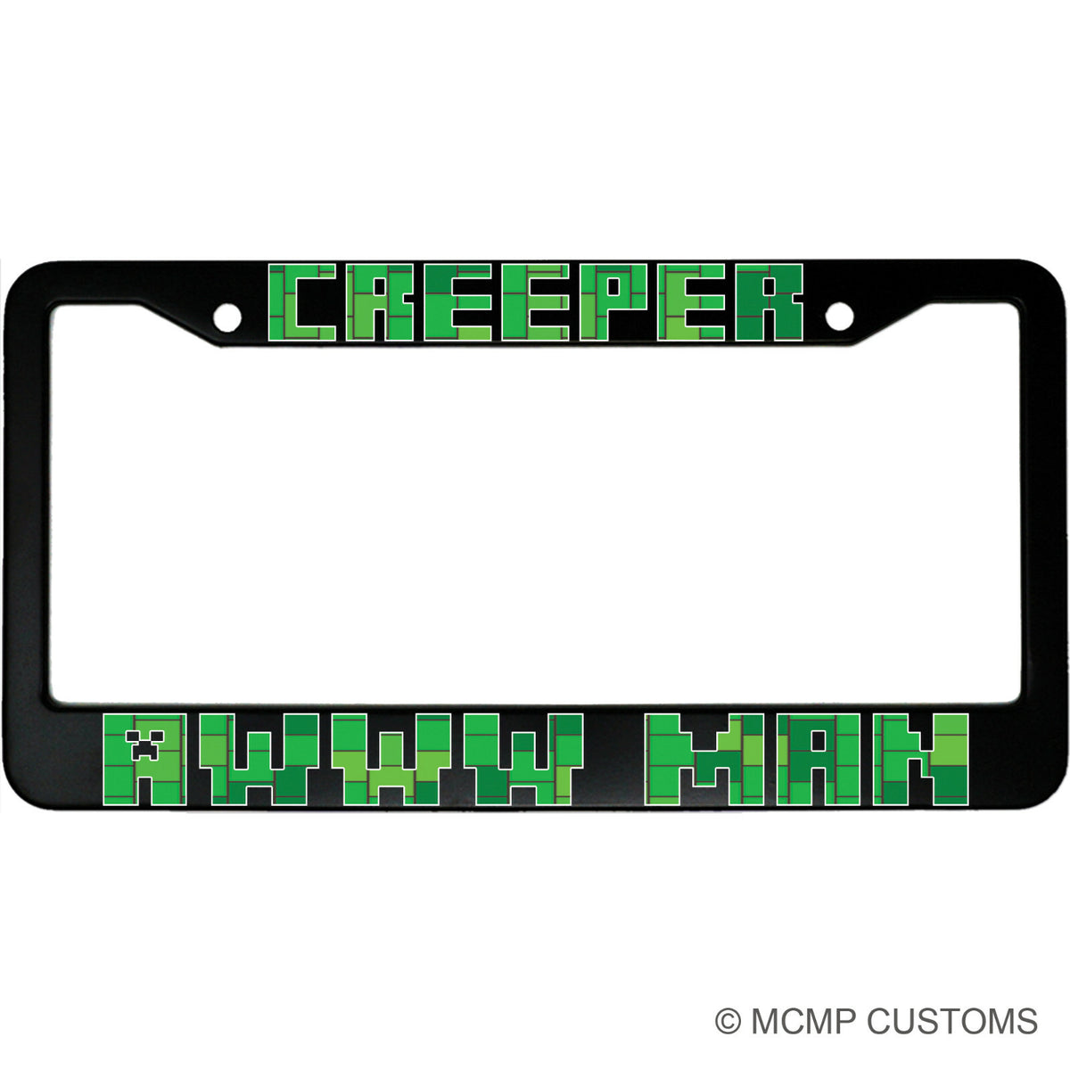 "Creeper Awww Man Minecraft" gaming aluminum license plate frame — front view