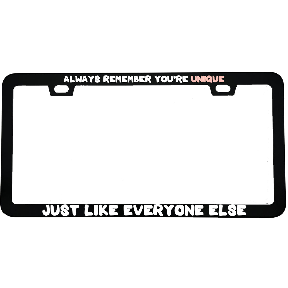 "Always Remember You're Unique Just Like Everyone Else" funny aluminum license plate frame β front view