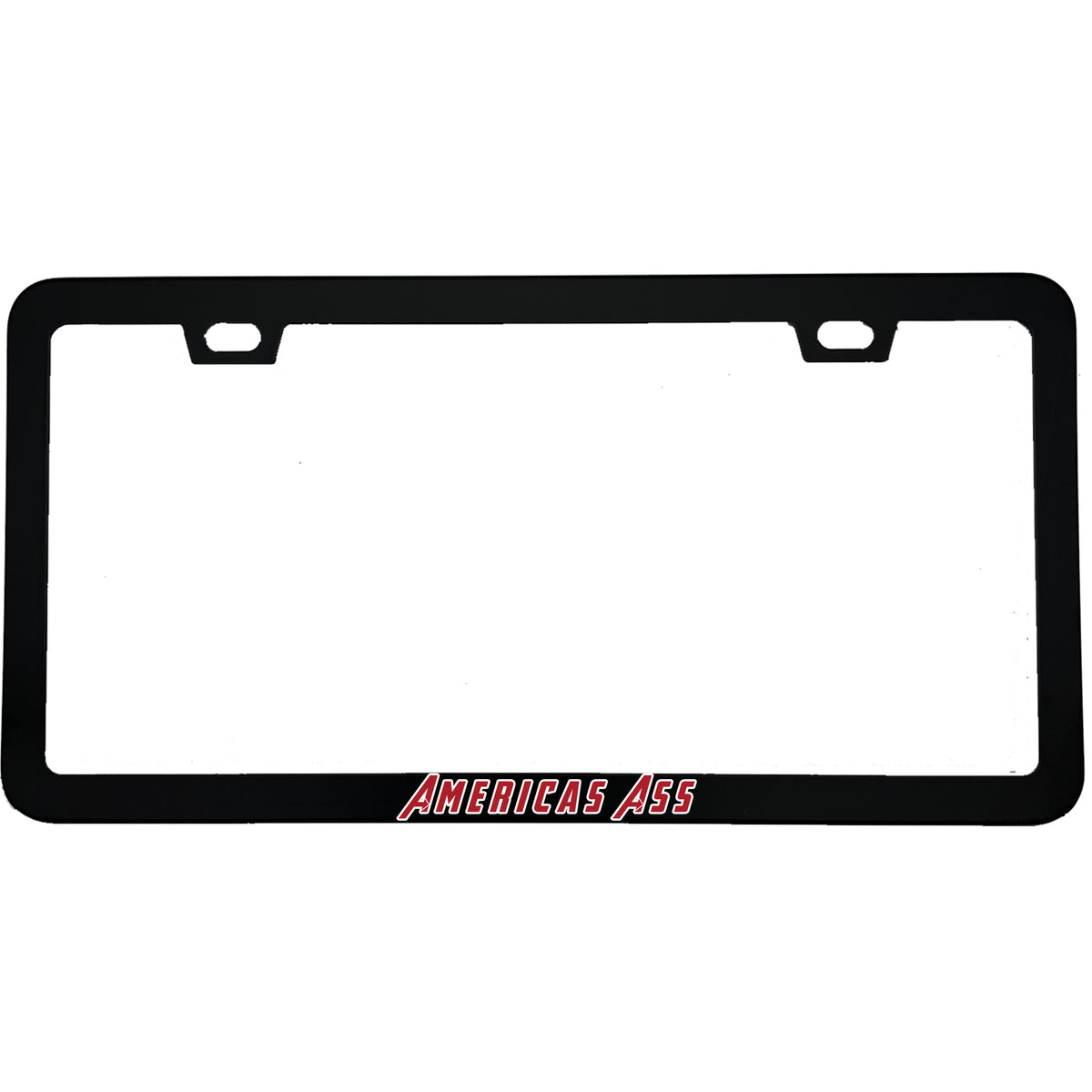 "America's Ass" superhero fan aluminum license plate frame — front view
