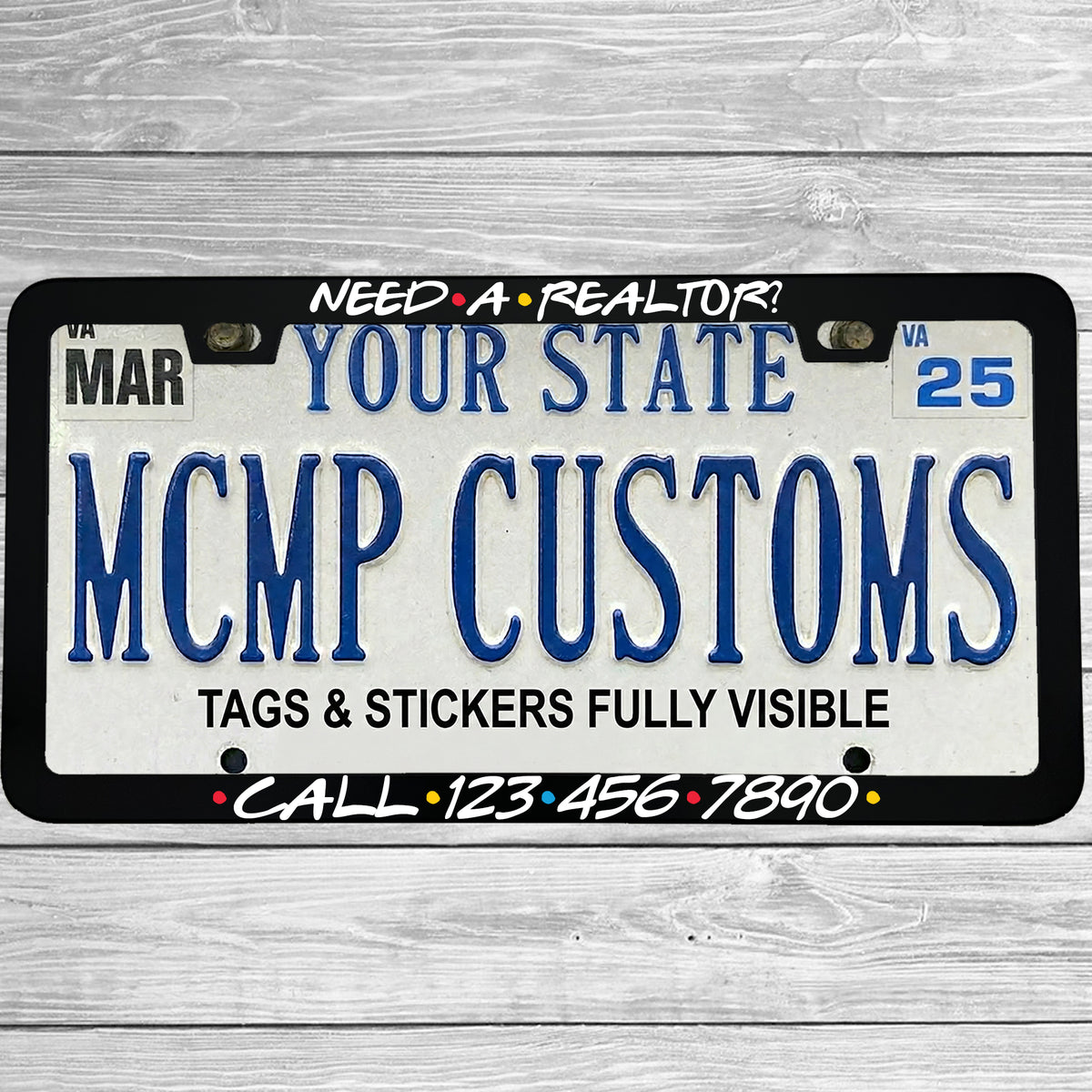 "Custom Friends Style Themed Realtor" license plate frame shown on vehicle β lifestyle photo