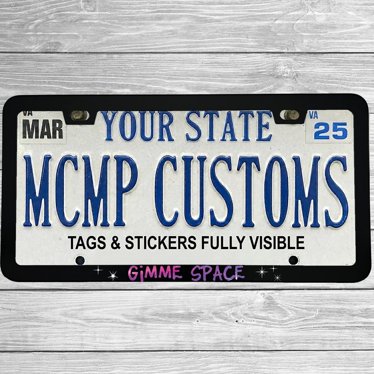 "Gimme Space" license plate frame shown on vehicle β lifestyle photo