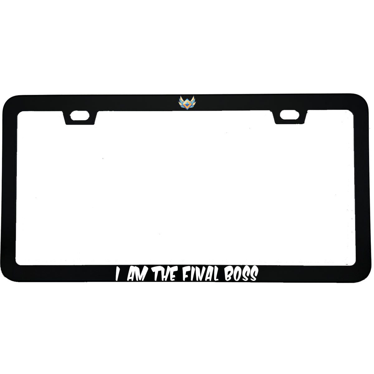 "I Am The Final Boss" gaming aluminum license plate frame — front view