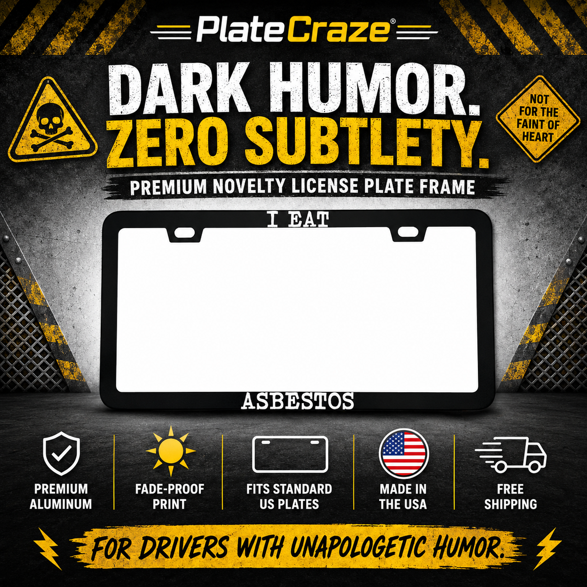 "I Eat Asbestos Funny" license plate frame β promotional banner graphic