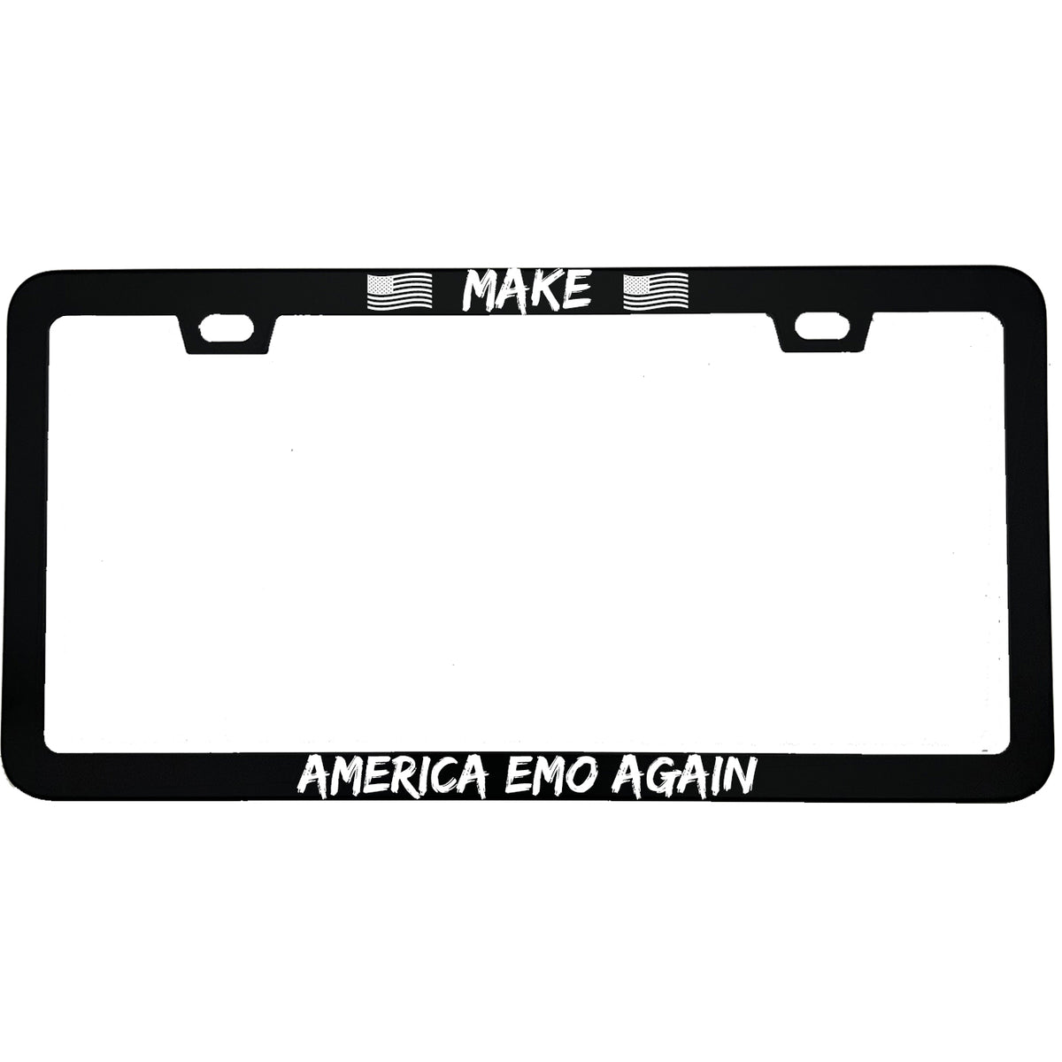 "Make America Emo Again" patriotic aluminum license plate frame — front view
