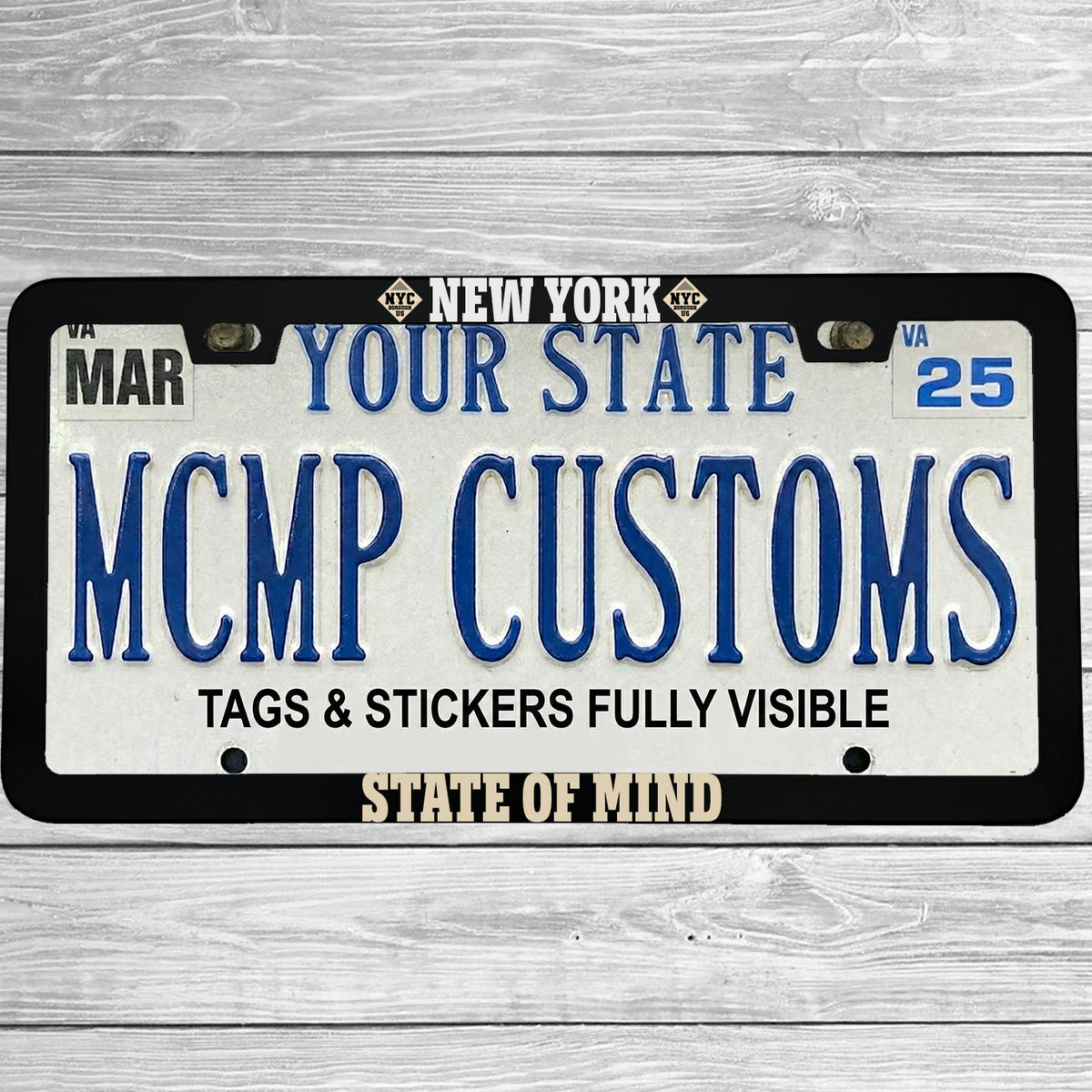"New York State of Mind" license plate frame shown on vehicle β lifestyle photo