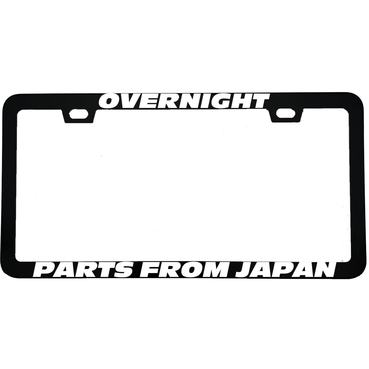"Overnight Parts From Japan" racing fan aluminum license plate frame — front view