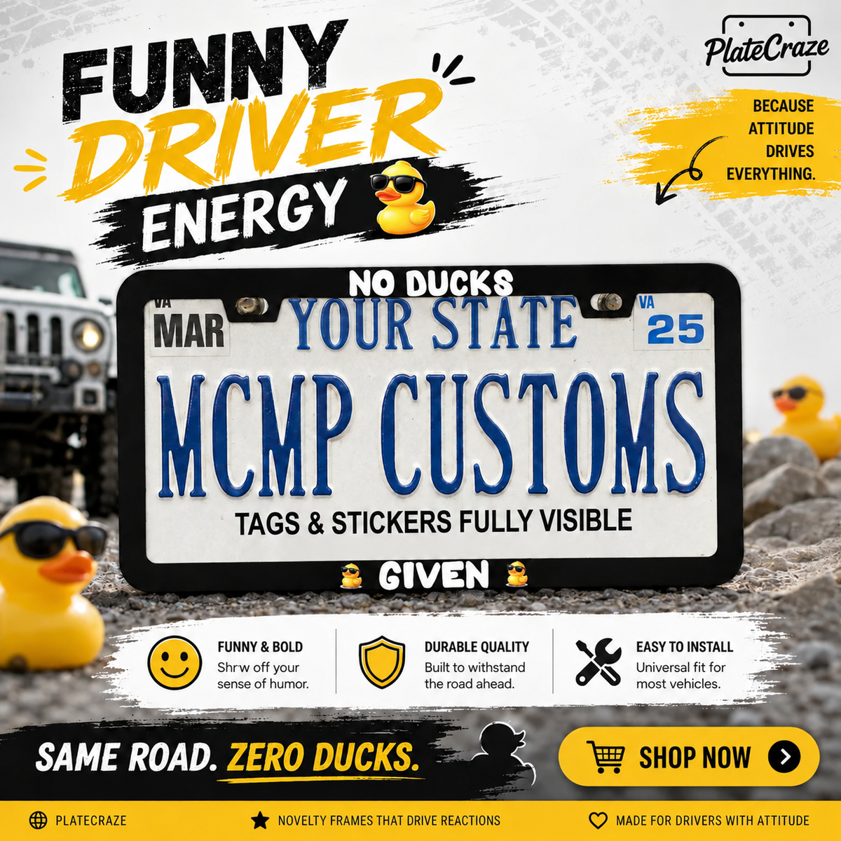PlateCraze No Ducks Given license plate frame infographic