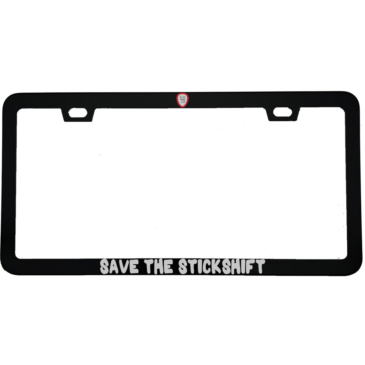 "Save The Stickshift Manual Driving" patriotic aluminum license plate frame — front view