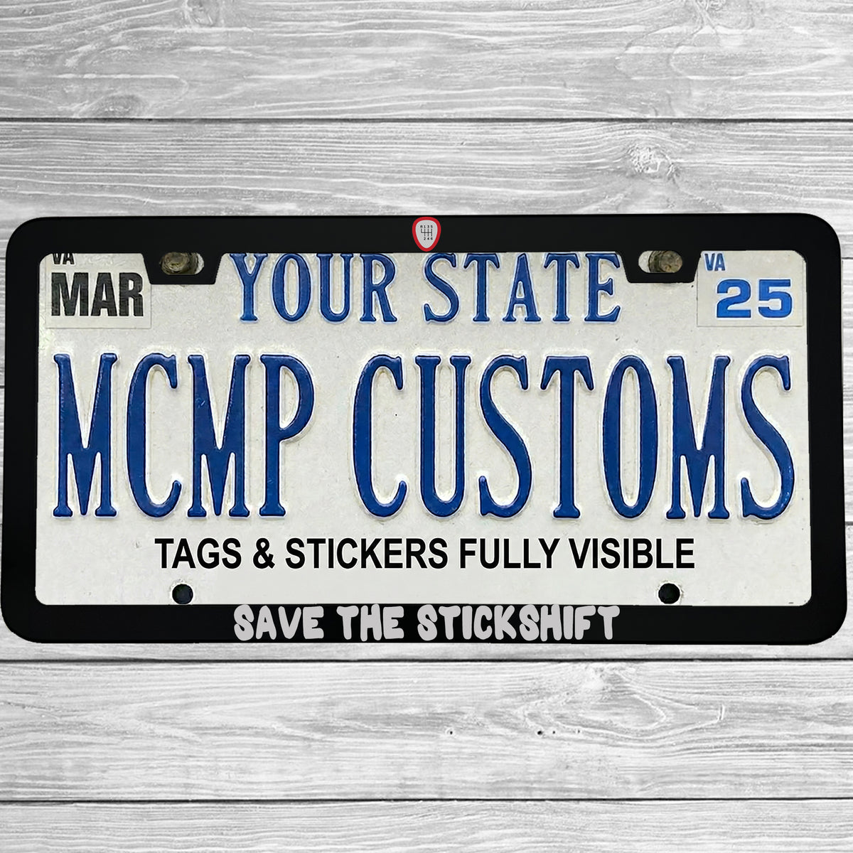 "Save The Stickshift Manual Driving" license plate frame shown on vehicle β lifestyle photo