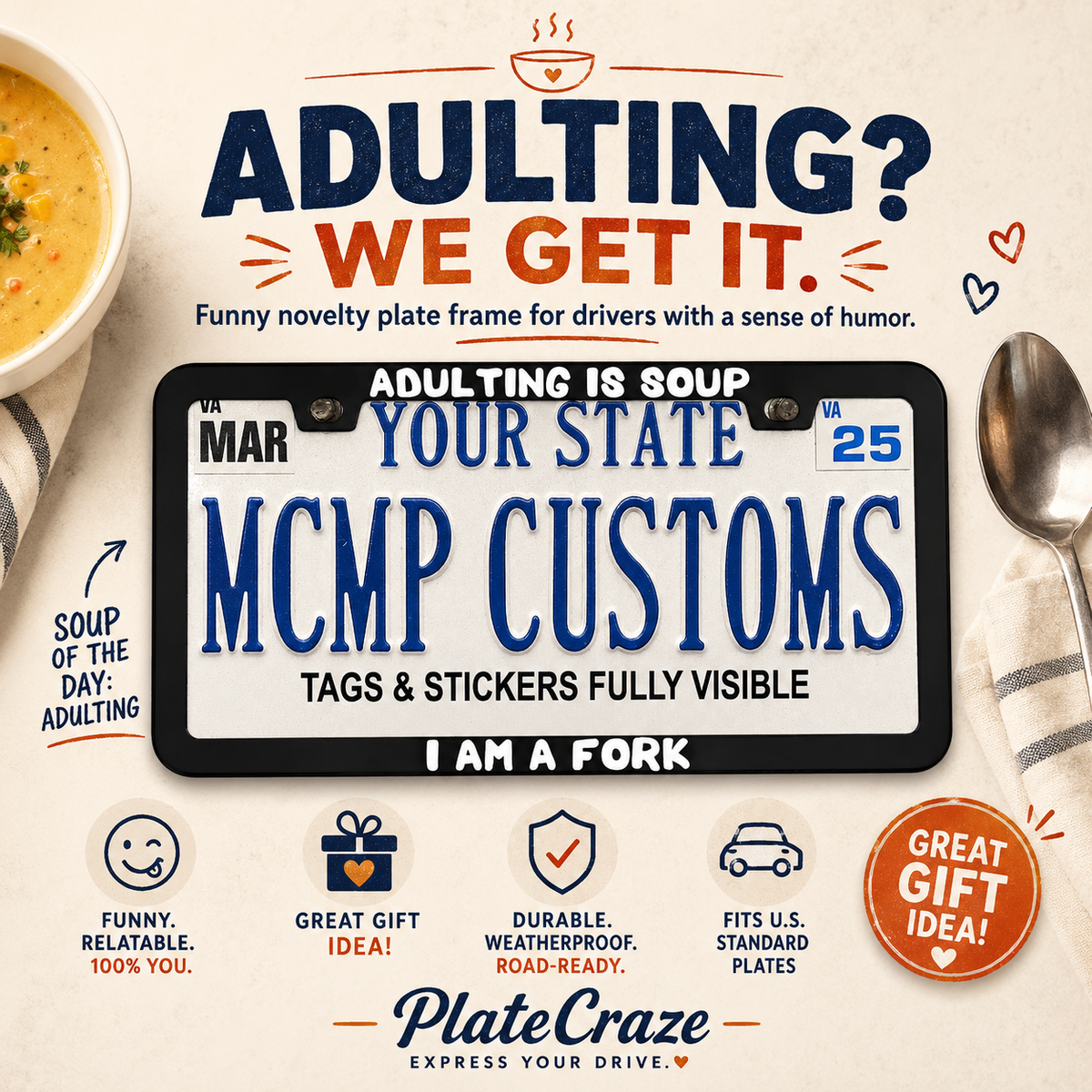 "Adulting Is Soup, I Am A Fork Funny" license plate frame β social media promo graphic