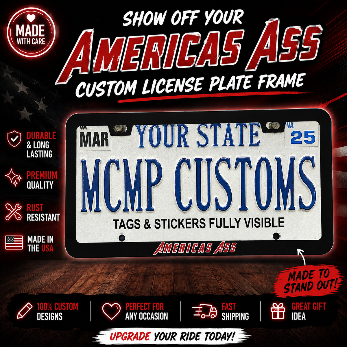 "America's Ass Superhero" license plate frame — promotional banner graphic