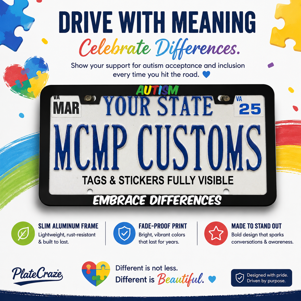"Autism Embrace Differences Autism Awareness" license plate frame β social media promo graphic