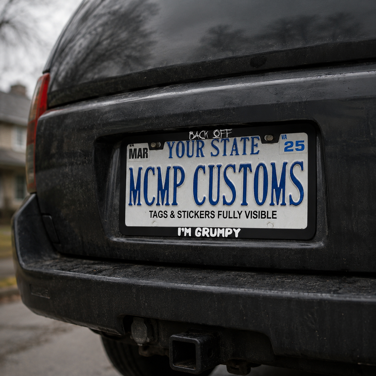 "Back Off I'm Grumpy Funny" license plate frame shown on vehicle β lifestyle photo