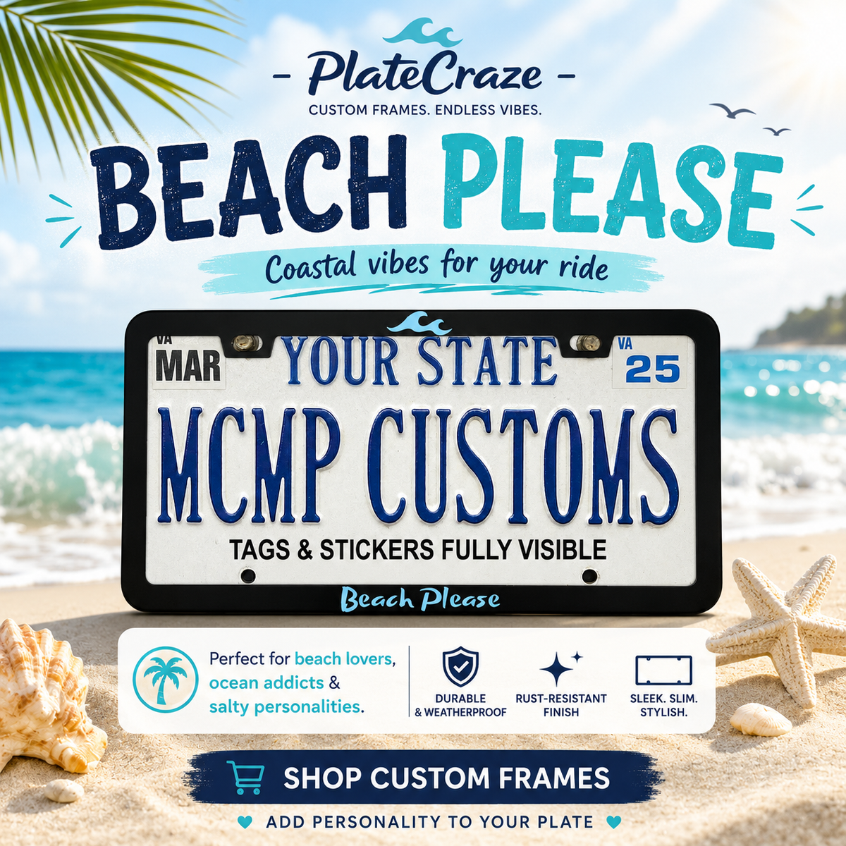 "Beach Please" license plate frame β social media promo graphic