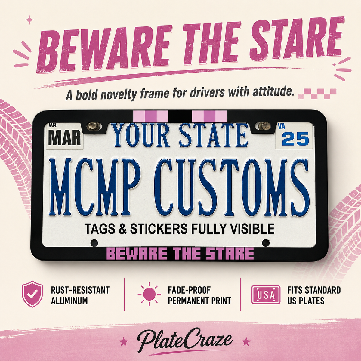 "Beware The Stare Halloween" license plate frame β social media promo graphic