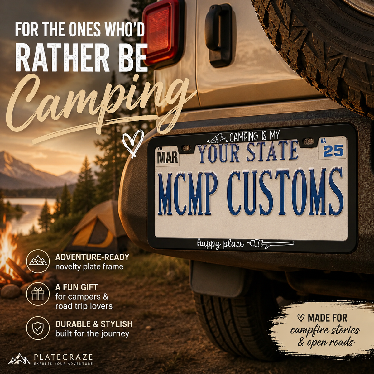 "Camping Is My Happy Place Outdoor Adventure" license plate frame — social media promo graphic