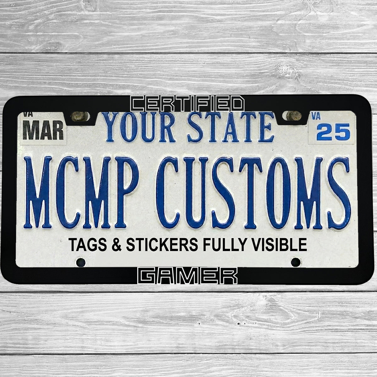 "Certified Gamer" license plate frame shown on vehicle — lifestyle photo