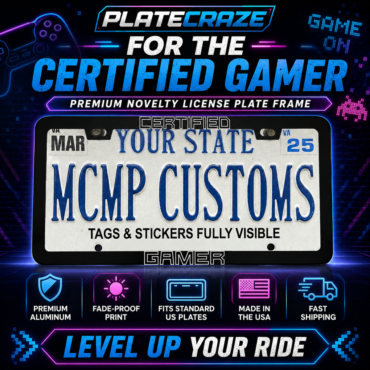 "Certified Gamer Gaming" license plate frame — social media promo graphic