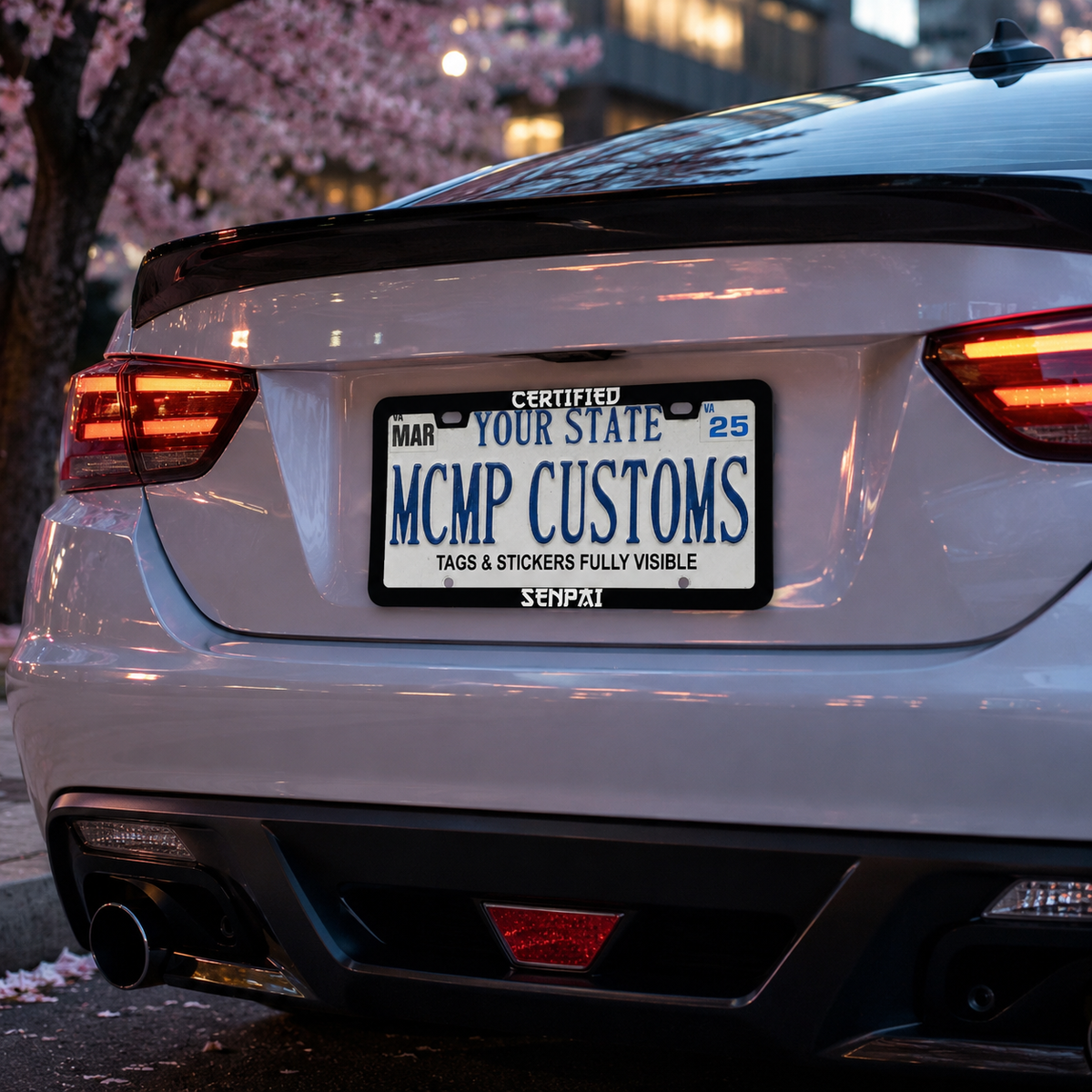 "Certified Senpai Anime" license plate frame shown on vehicle — lifestyle photo