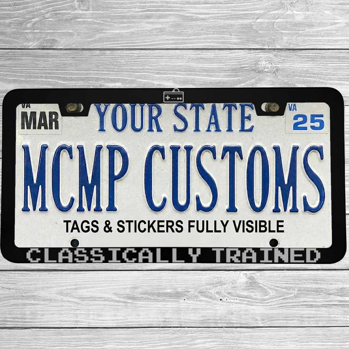 "Classically Trained" license plate frame shown on vehicle — lifestyle photo