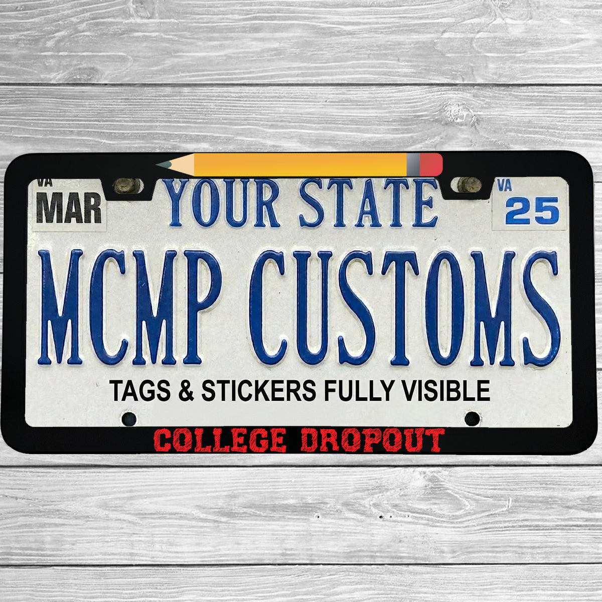 "College Dropout" license plate frame shown on vehicle β lifestyle photo