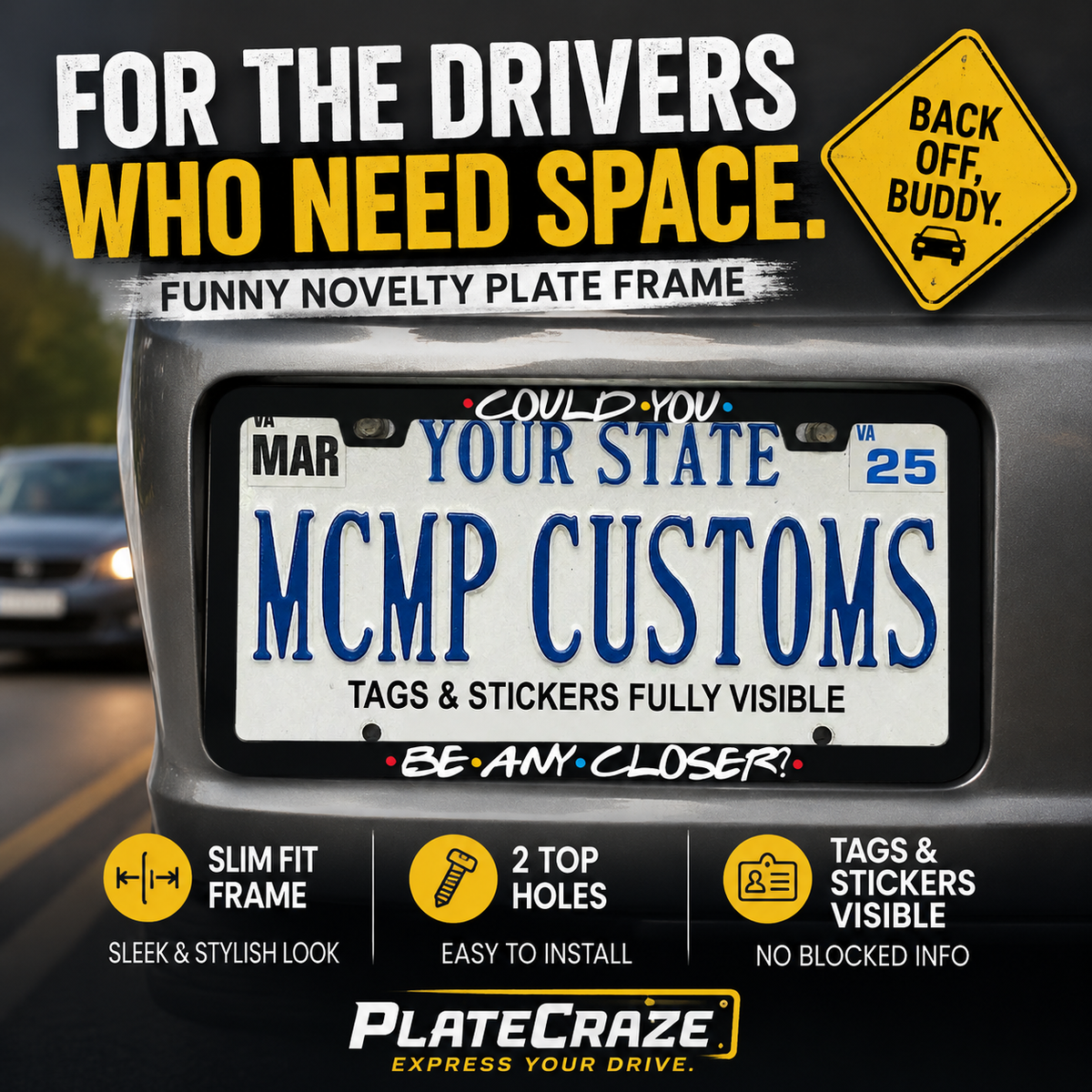 "Could You Be Any Closer Friends TV" license plate frame — social media promo graphic