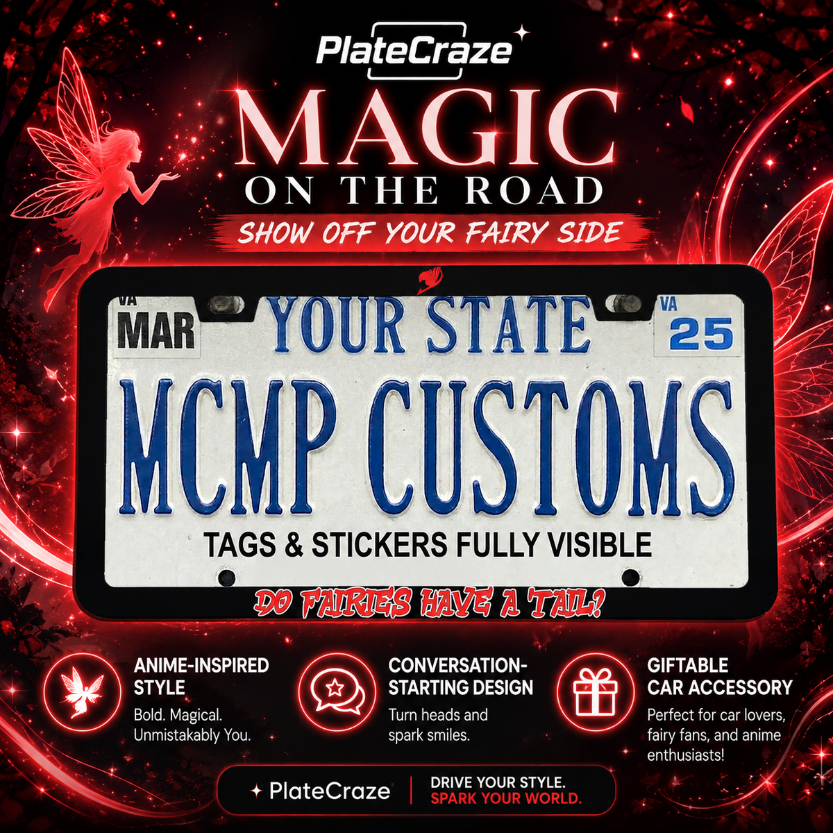 "Do Fairies Have A Tail? Anime" license plate frame — social media promo graphic
