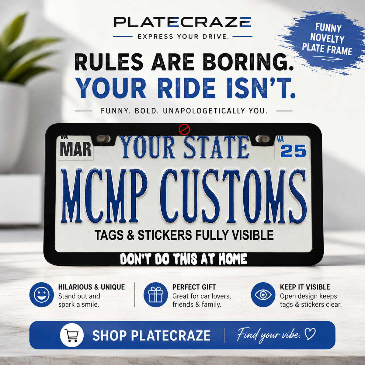 "Don't Do This At Home Funny" license plate frame β social media promo graphic