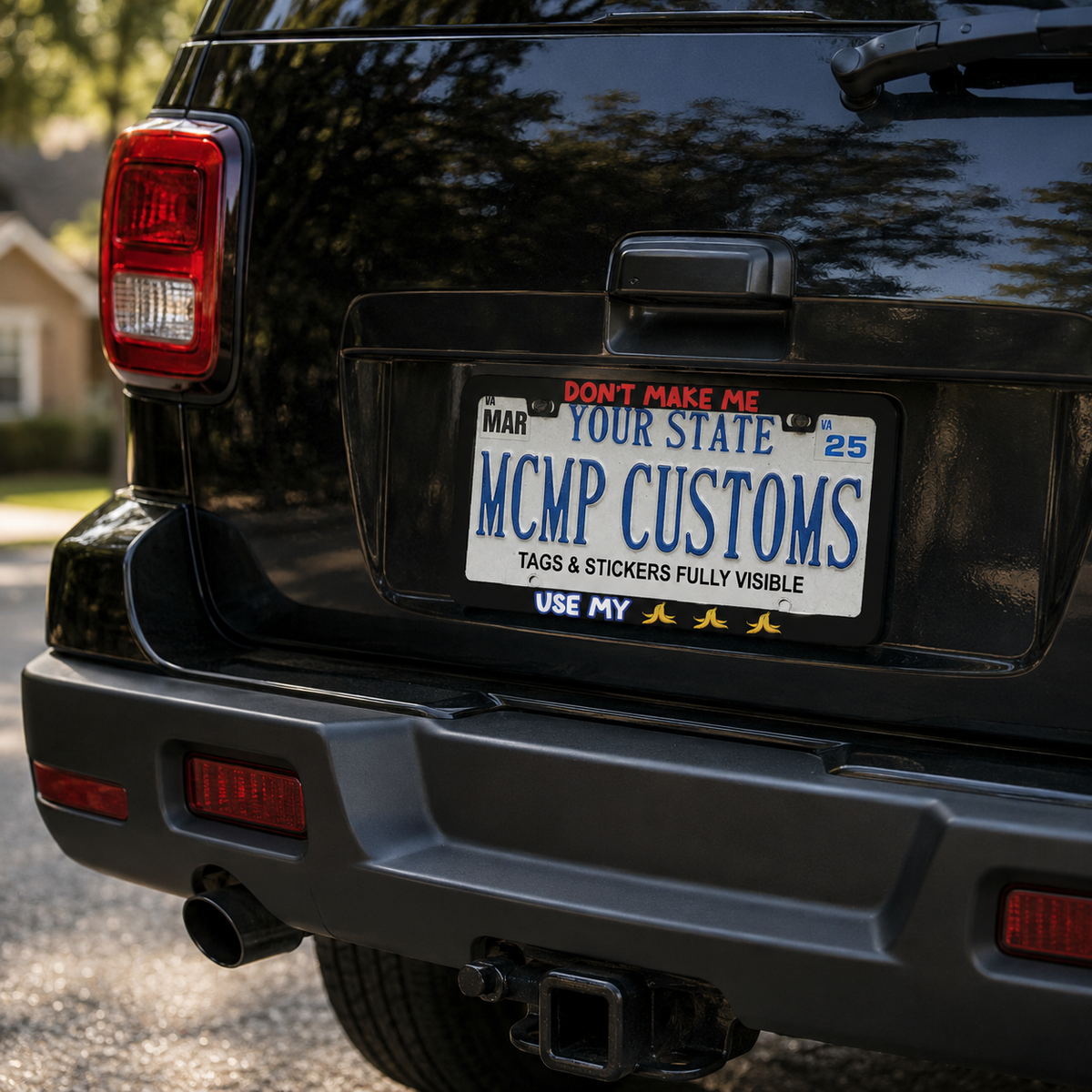 "Don't Make Me Use My Bananas Funny Gaming Cartoon" license plate frame shown on vehicle — lifestyle photo