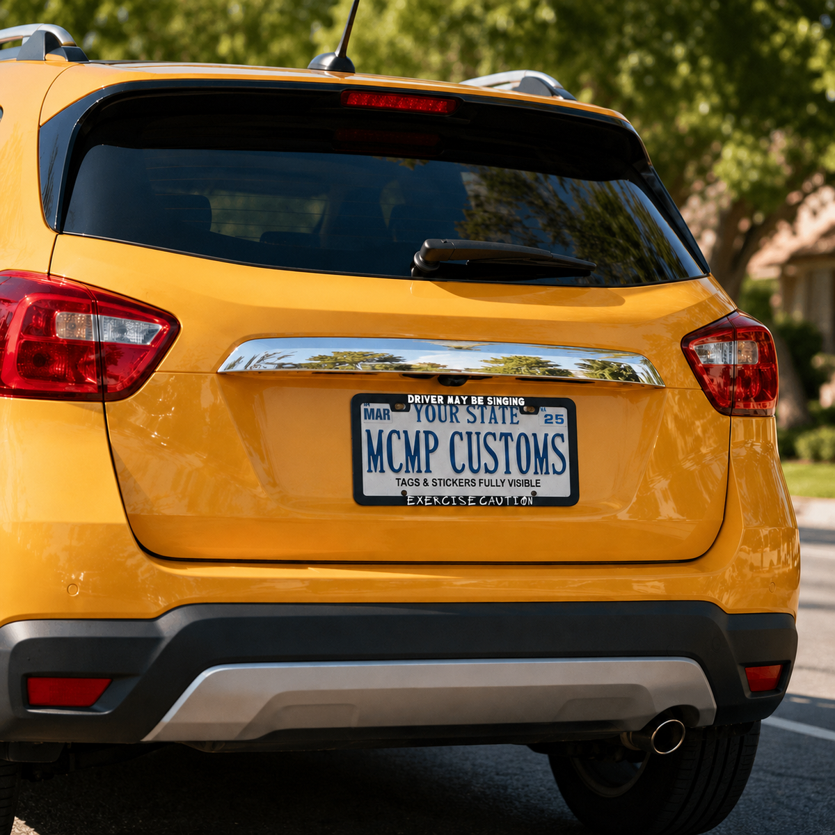 "Driver May Be Singing Exercise Caution Funny" license plate frame shown on vehicle β lifestyle photo