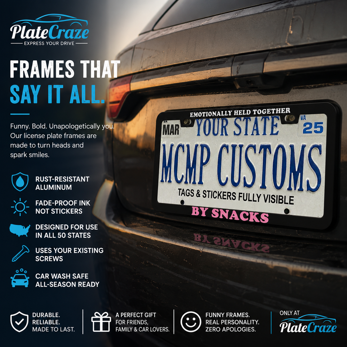 "Emotionally Held Together By Snacks" license plate frame — social media promo graphic