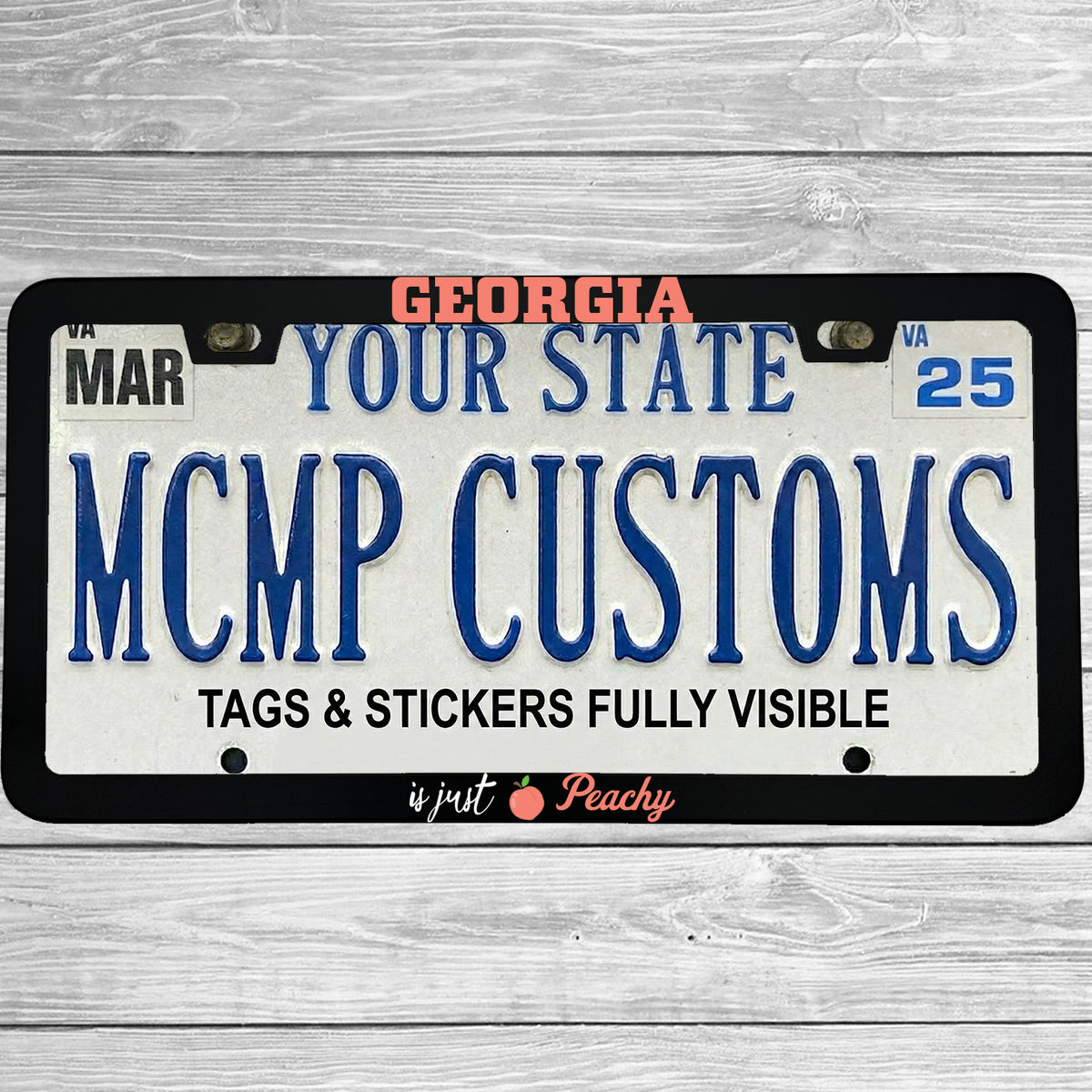 "Georgia Is Just Peachy" license plate frame shown on vehicle β lifestyle photo