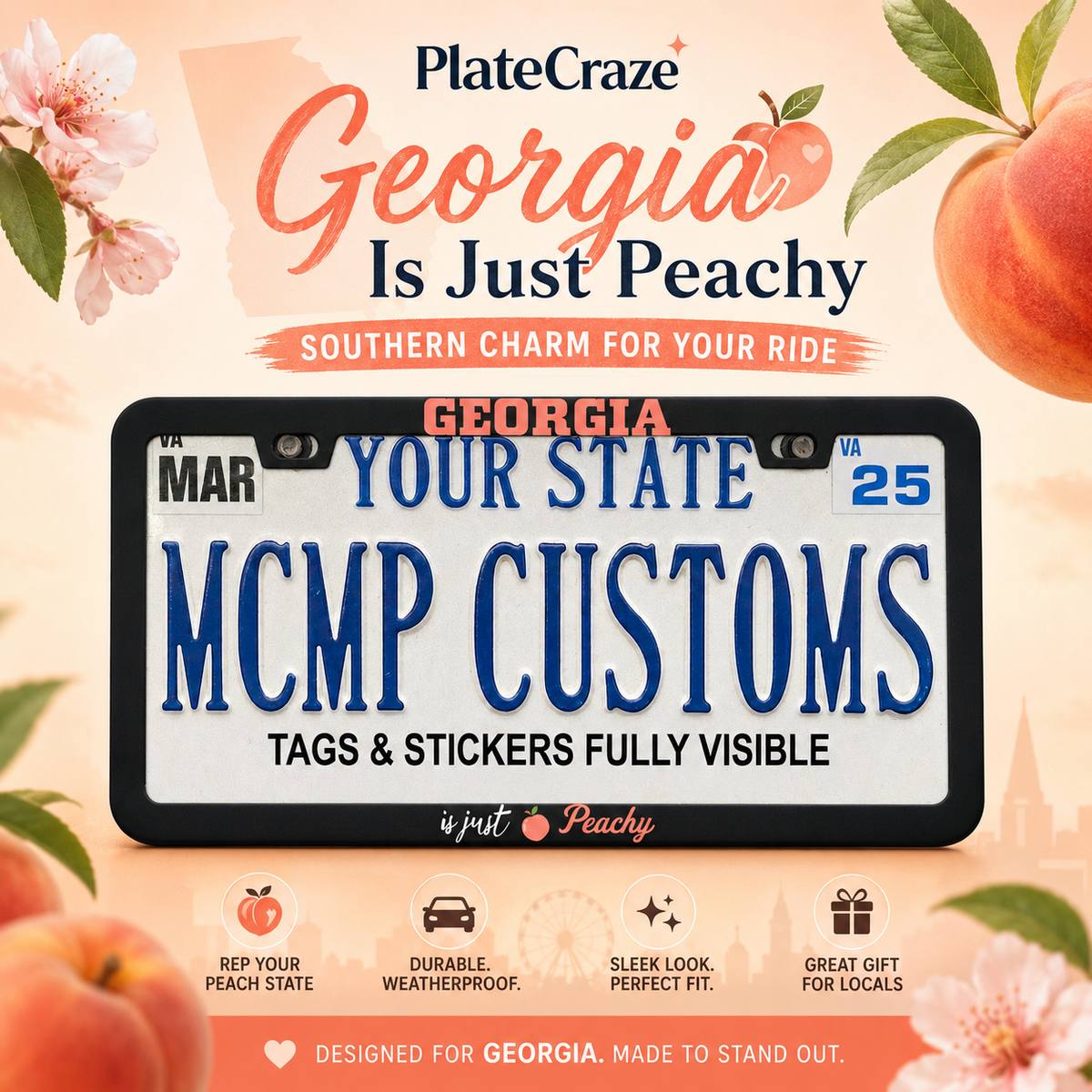 "Georgia Is Just Peachy Pride" license plate frame β social media promo graphic