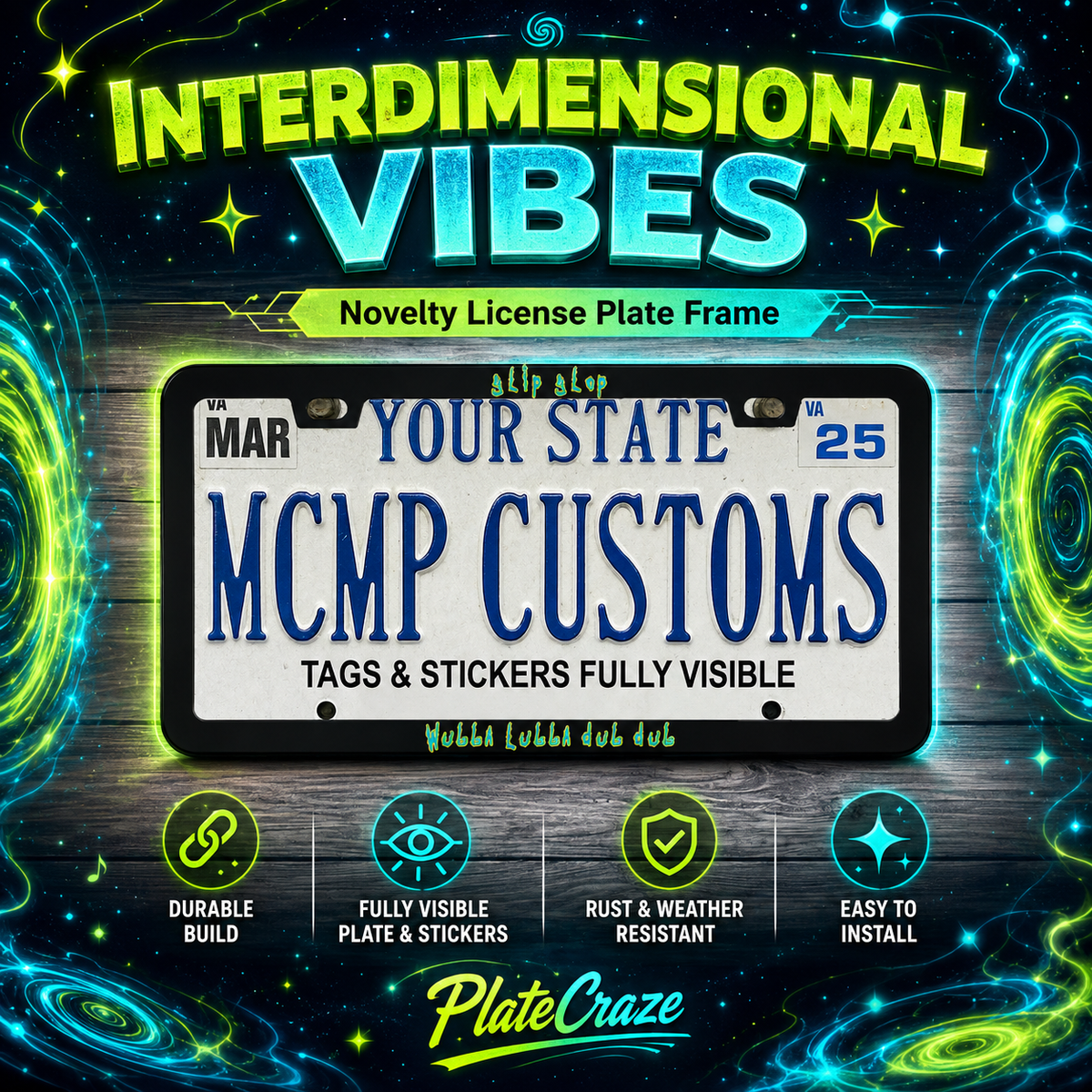 "Glip Glop Wubba Lubba Dub Dub Rick and Morty" license plate frame β social media promo graphic