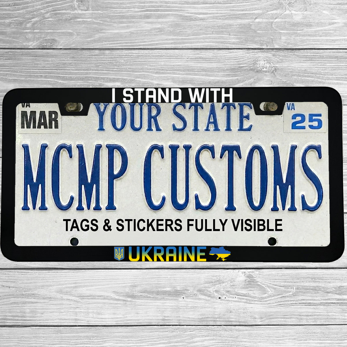 "I Stand With Ukraine" license plate frame shown on vehicle β lifestyle photo