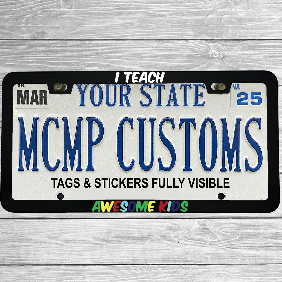 "I Teach Awesome Kids Autism Awareness" license plate frame shown on vehicle β lifestyle photo