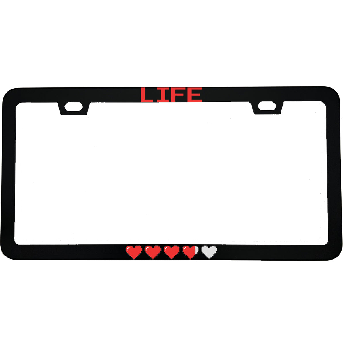 "Life Pixel Hearts" gaming aluminum license plate frame — front view