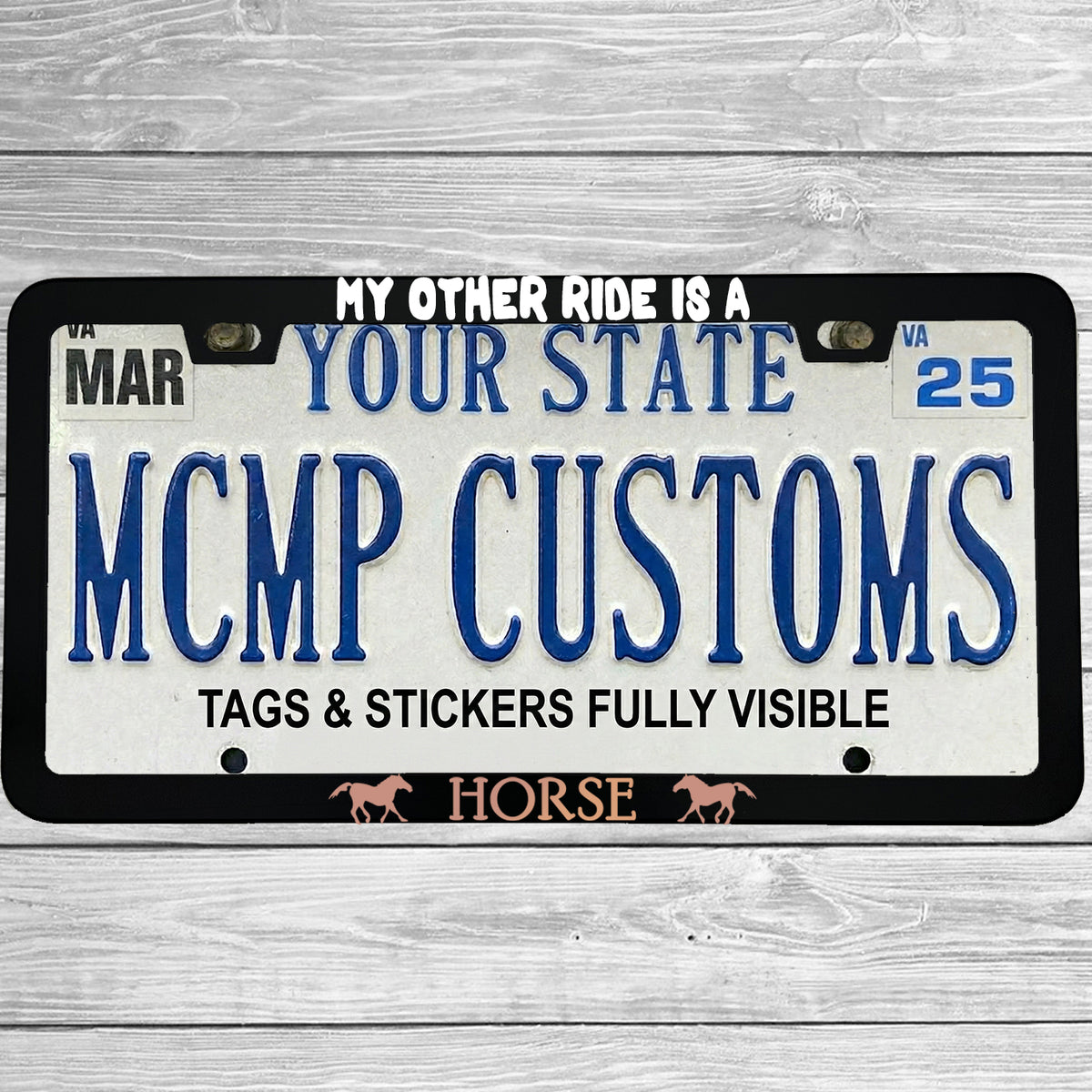 "My Other Ride Is A Horse" license plate frame shown on vehicle β lifestyle photo