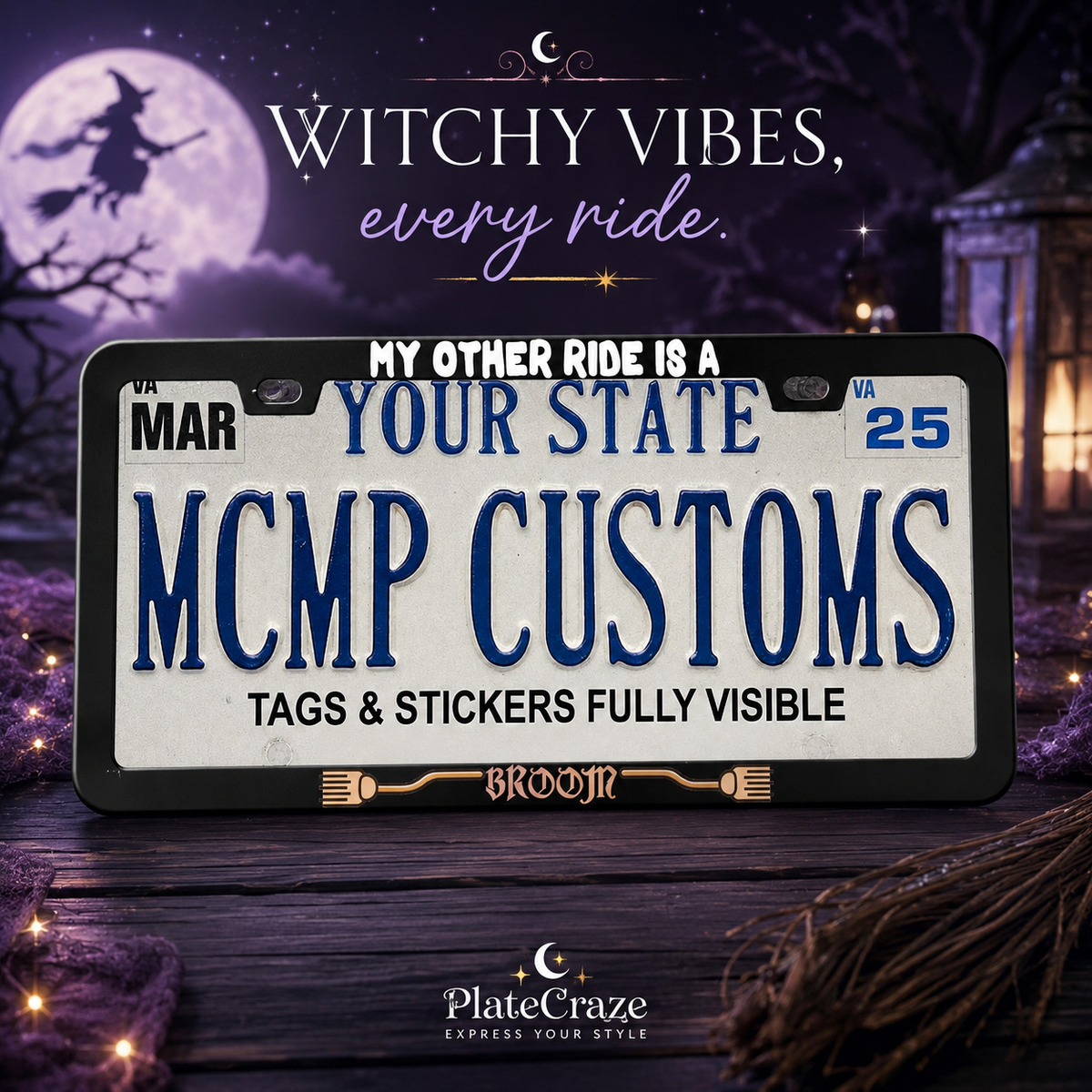 "My Other Ride Is A Broom Halloween" license plate frame β social media promo graphic