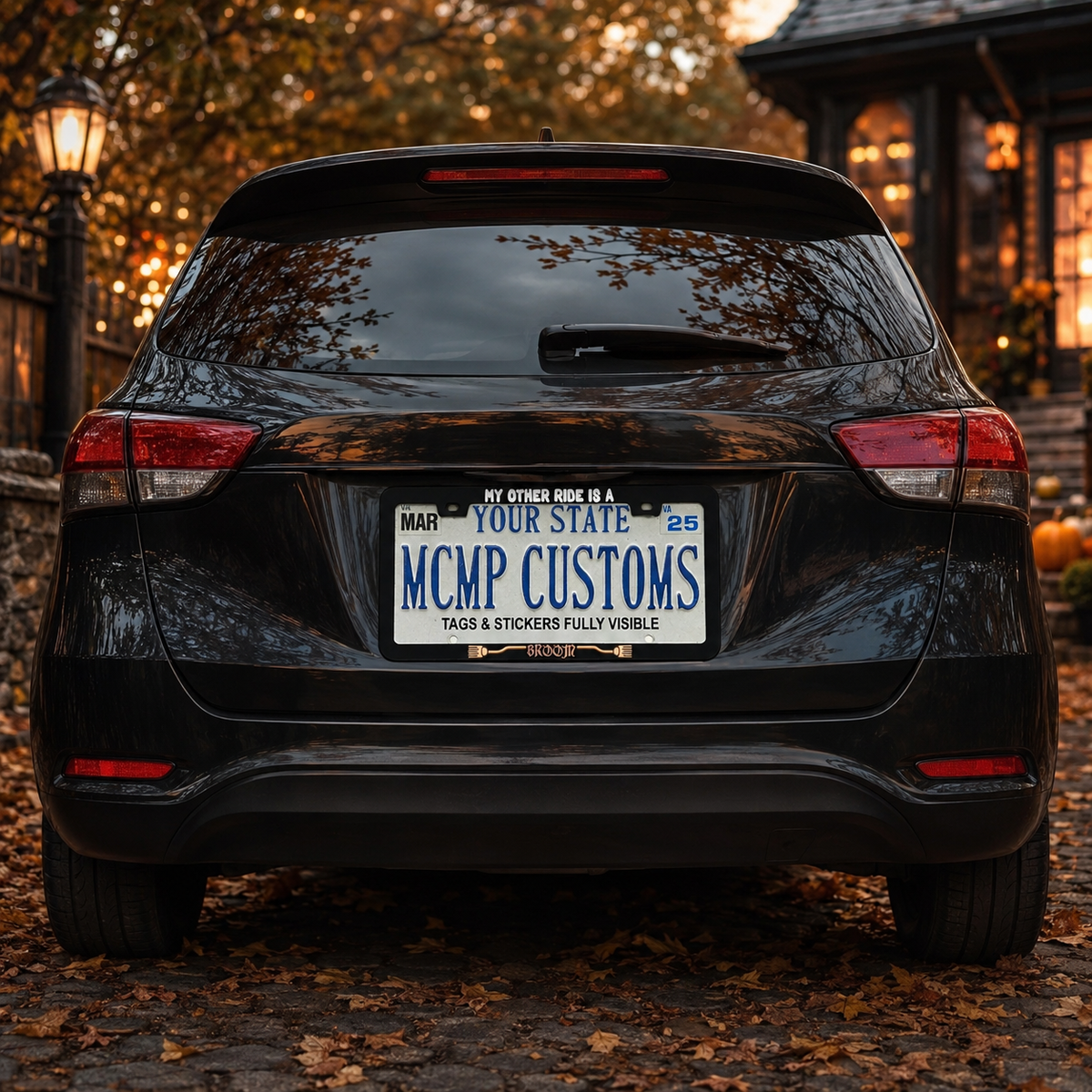 "My Other Ride Is A Broom Halloween" license plate frame shown on vehicle β lifestyle photo