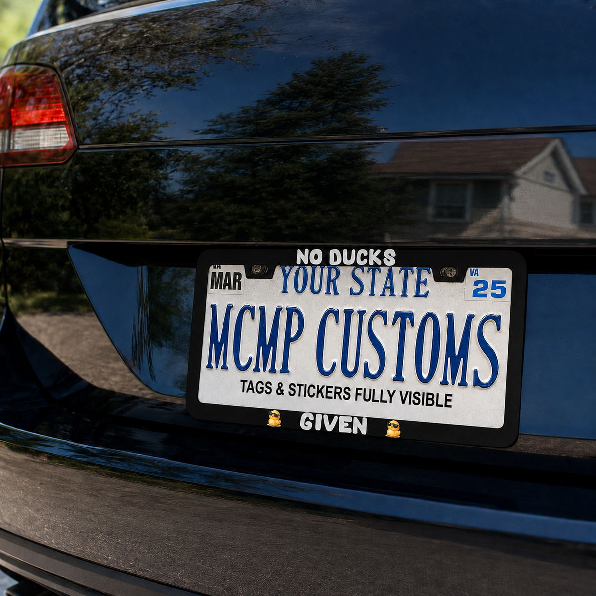 "No Ducks Given Friends TV" license plate frame shown on vehicle — lifestyle photo