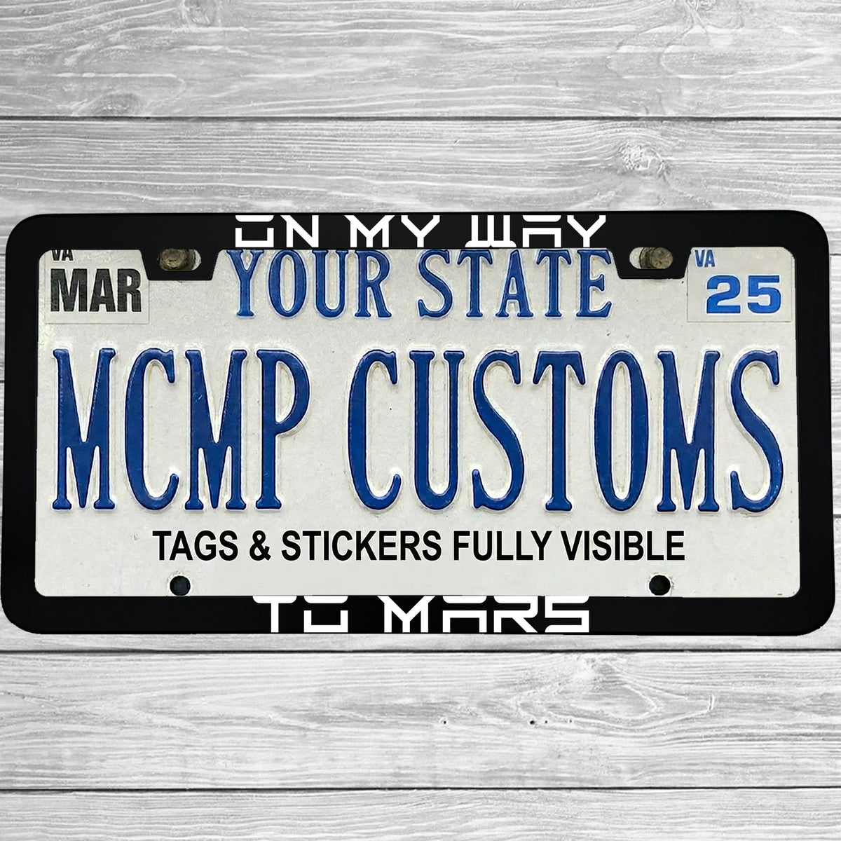 "On My Way To Mars Funny Electric Car Outer Space Themed" license plate frame shown on vehicle β lifestyle photo