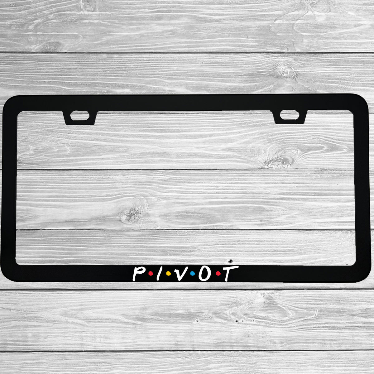 Close-up of "Pivot" license plate frame showing fade-proof print quality
