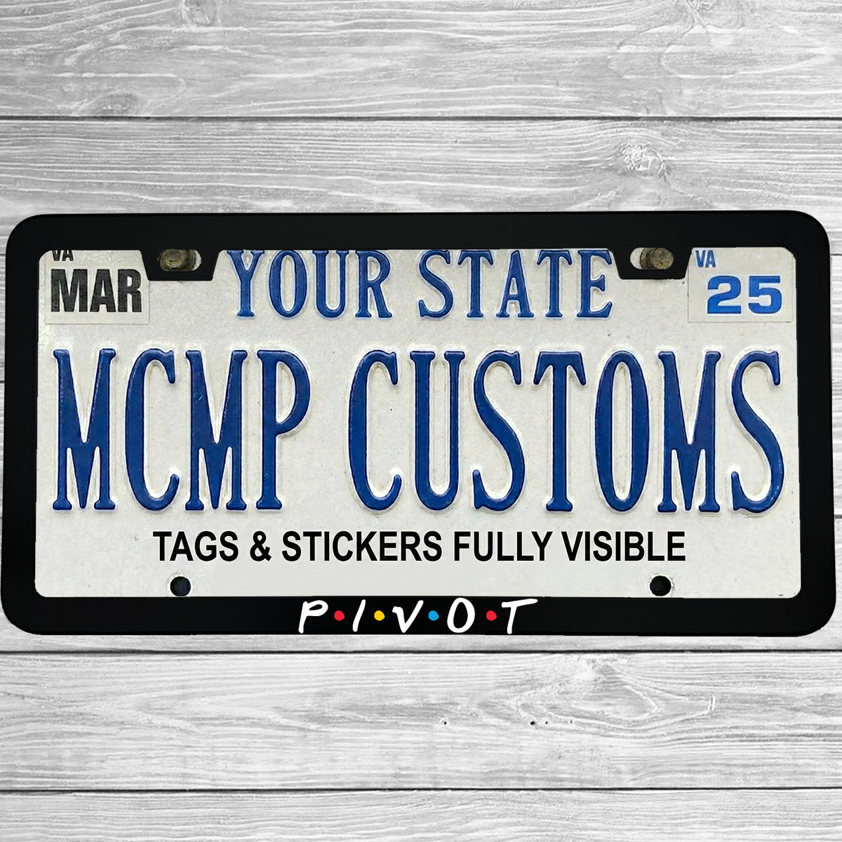 "Pivot" license plate frame shown on vehicle — lifestyle photo