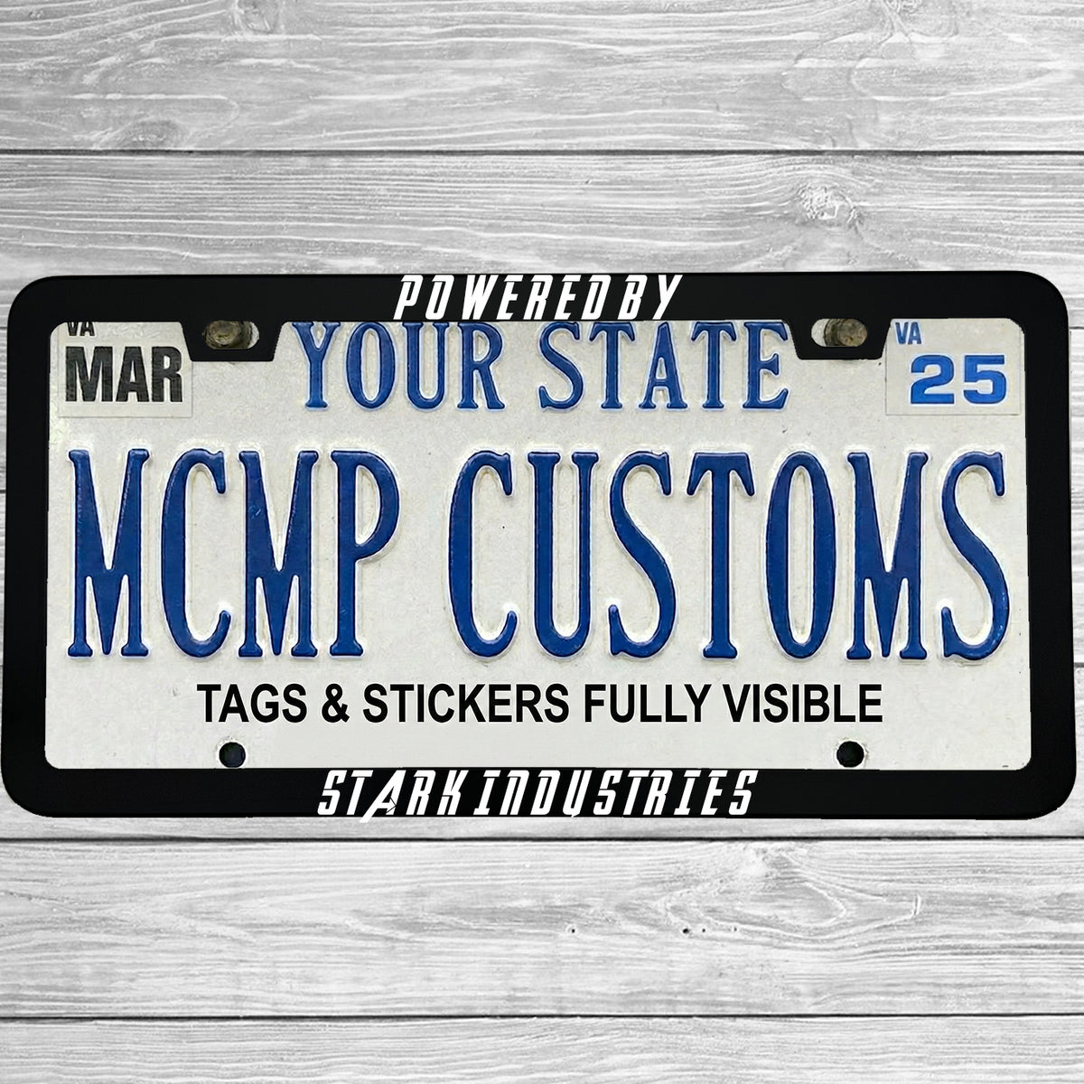"Powered By Stark Industries" license plate frame shown on vehicle β lifestyle photo