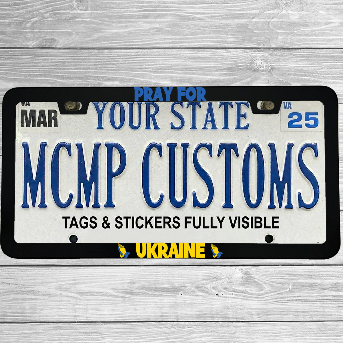 "Pray For Ukraine" license plate frame shown on vehicle β lifestyle photo