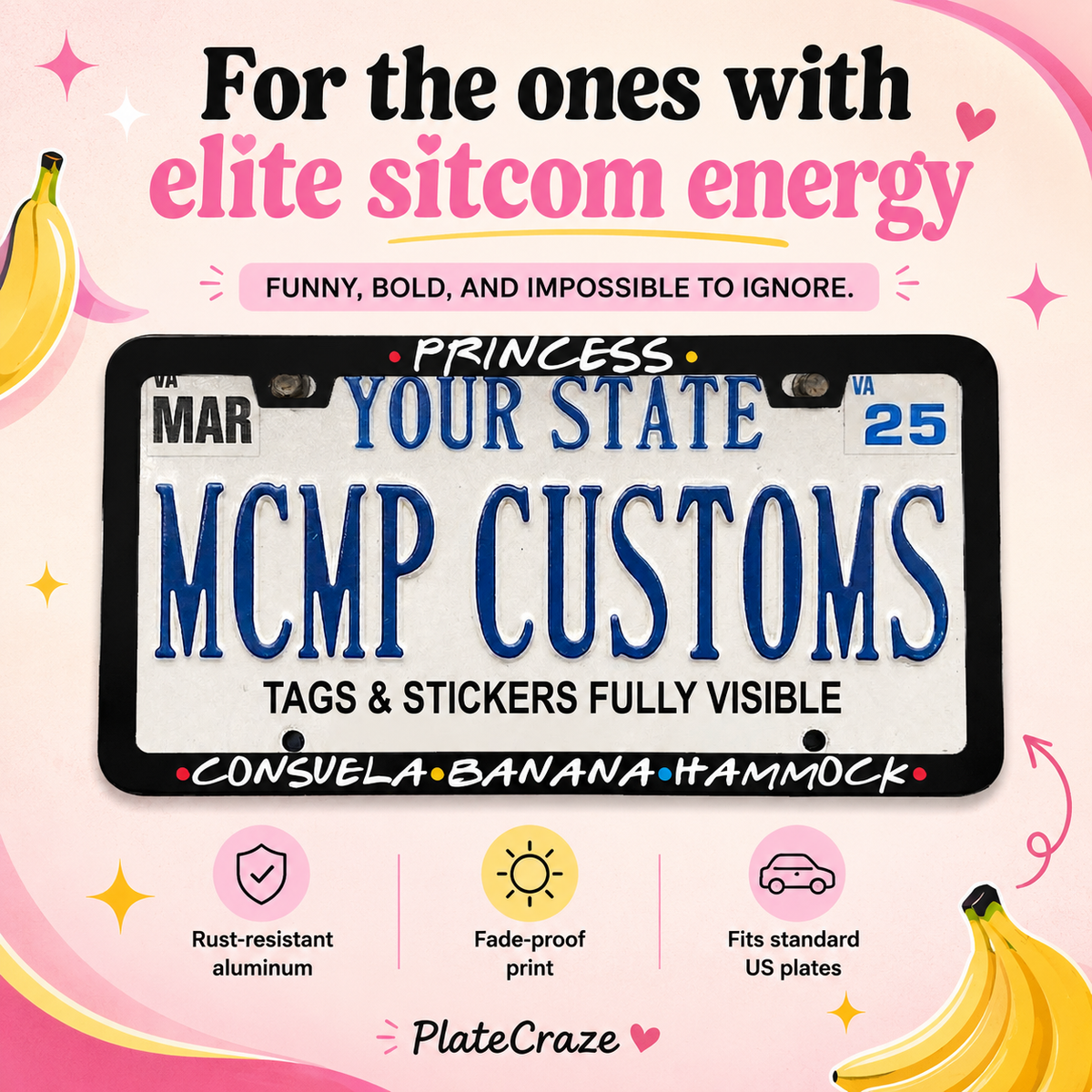 "Princess Consuela Banana Hammock Friends TV" license plate frame — social media promo graphic