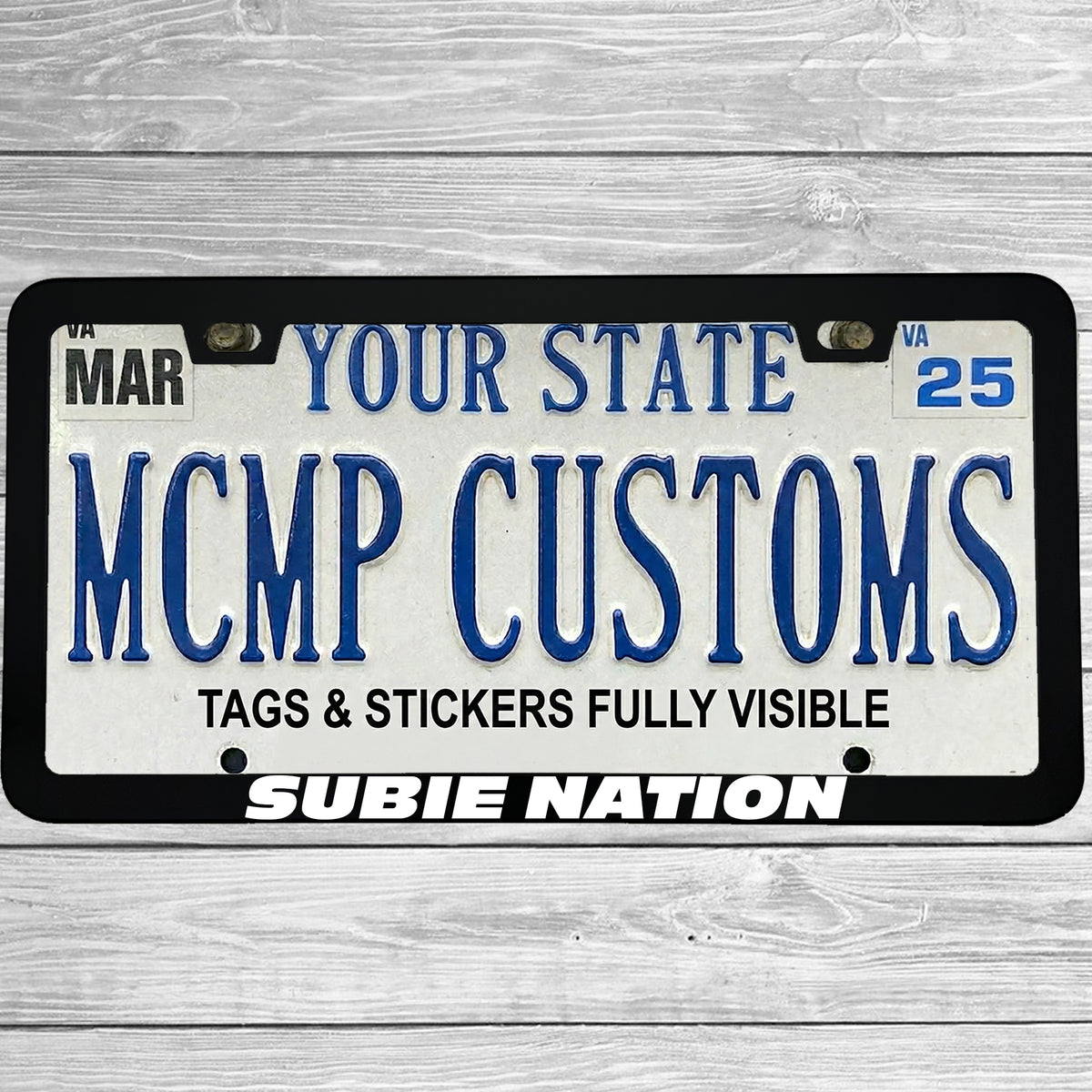 "Subie Nation" license plate frame shown on vehicle β lifestyle photo