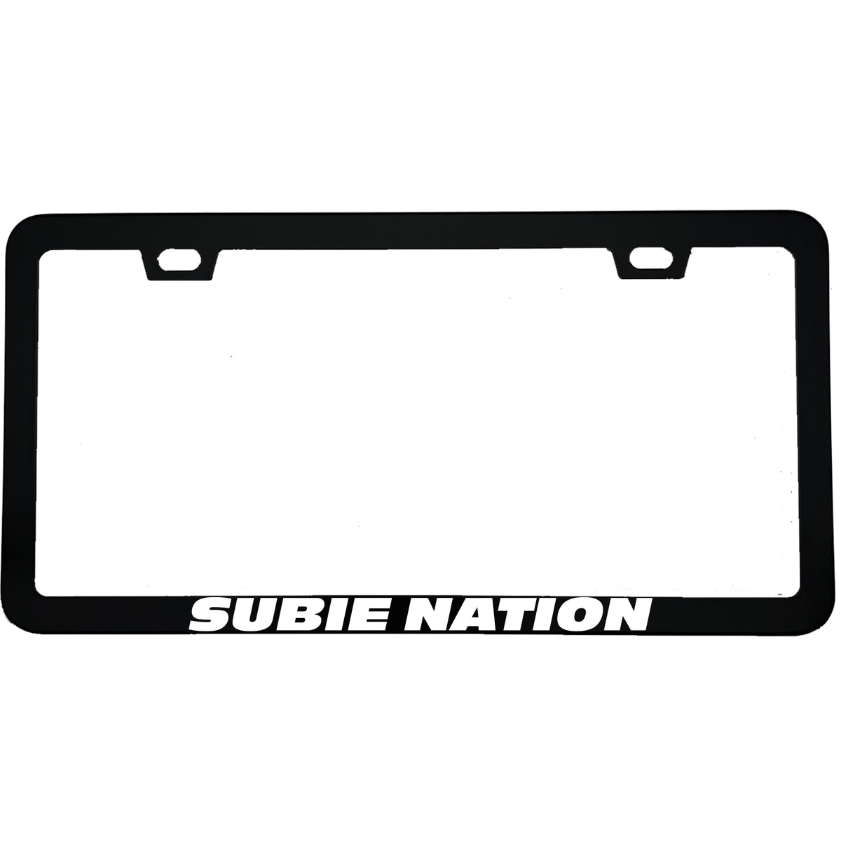"Subie Nation" car enthusiast aluminum license plate frame — front view