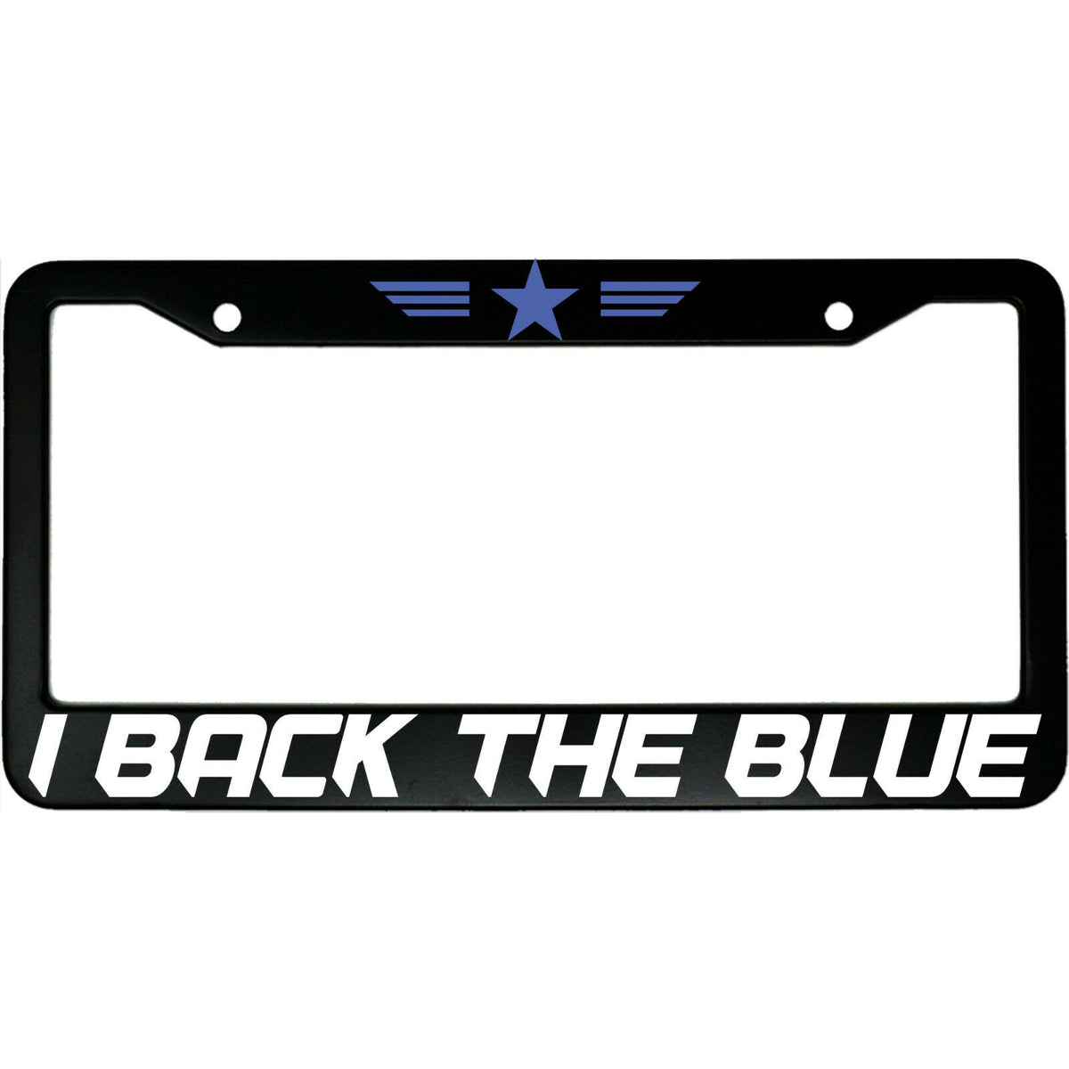"I Back The Blue" patriotic aluminum license plate frame — front view